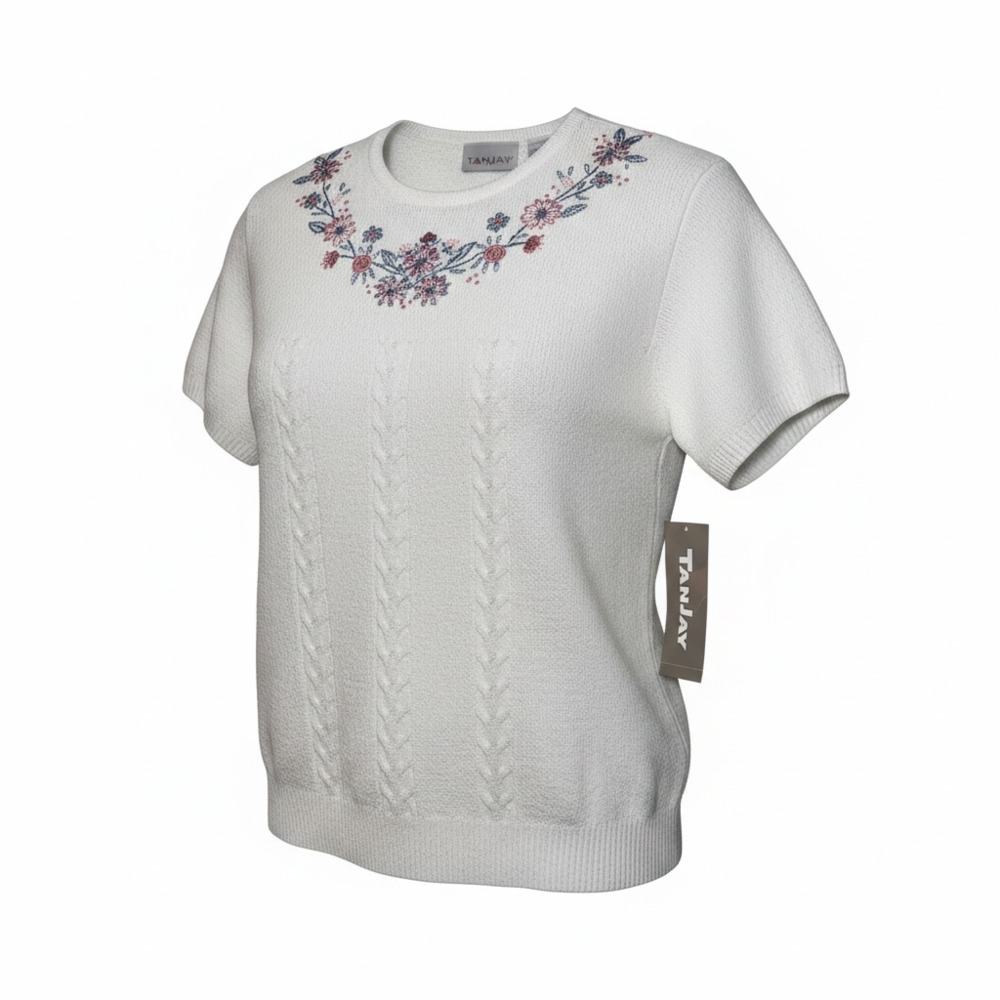NWT Tanjay Women's Short Sleeve Floral Embroidered Crewneck Knit Sweater